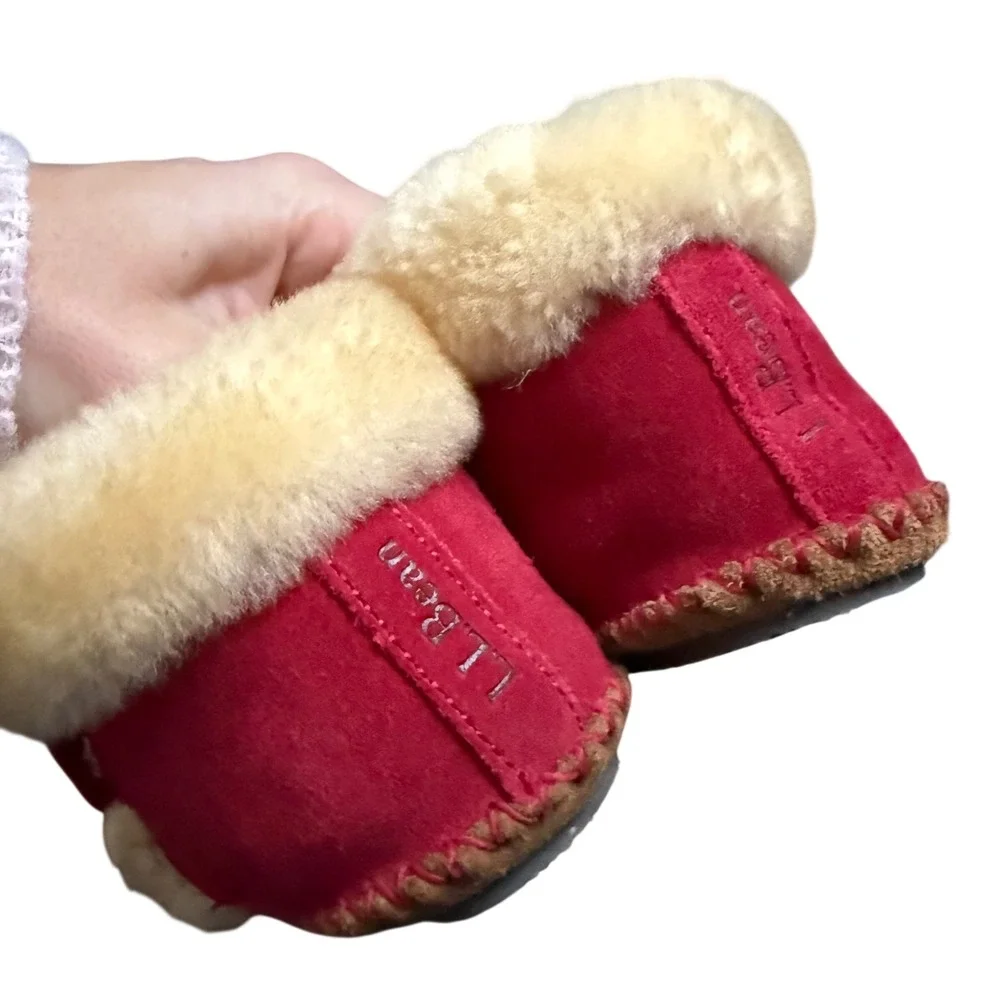New LL Bean Kids Wicked Good Slippers Red Suede Shearling Booties Toddler 7/8